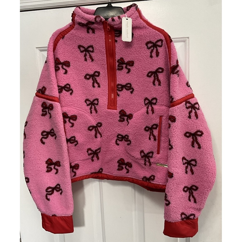 Simply Southern Pink 1/2 Zip Fleece Pullover Red Bows Pockets Women's XXL